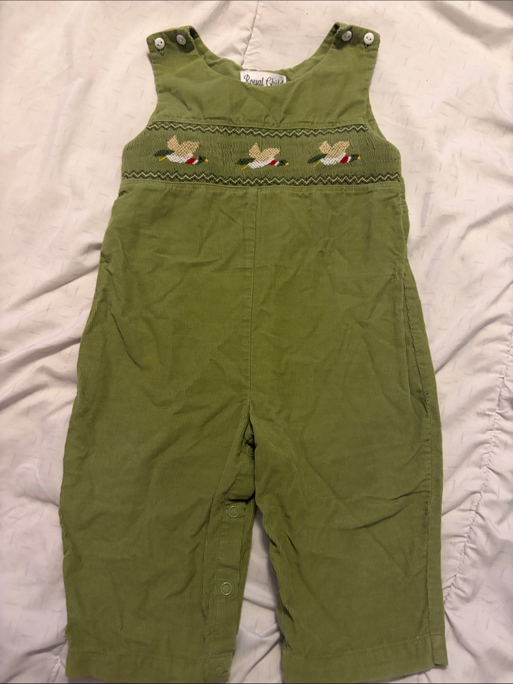 Classic Olive Corduroy Duck-Embroidered Overalls for Kids
